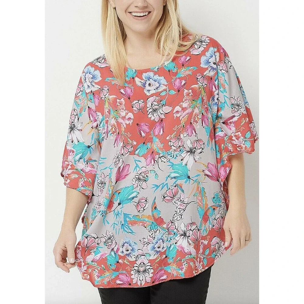 Tolani Pink & Blue Poppy Floral Kimono Poncho Woven Top Size Medium